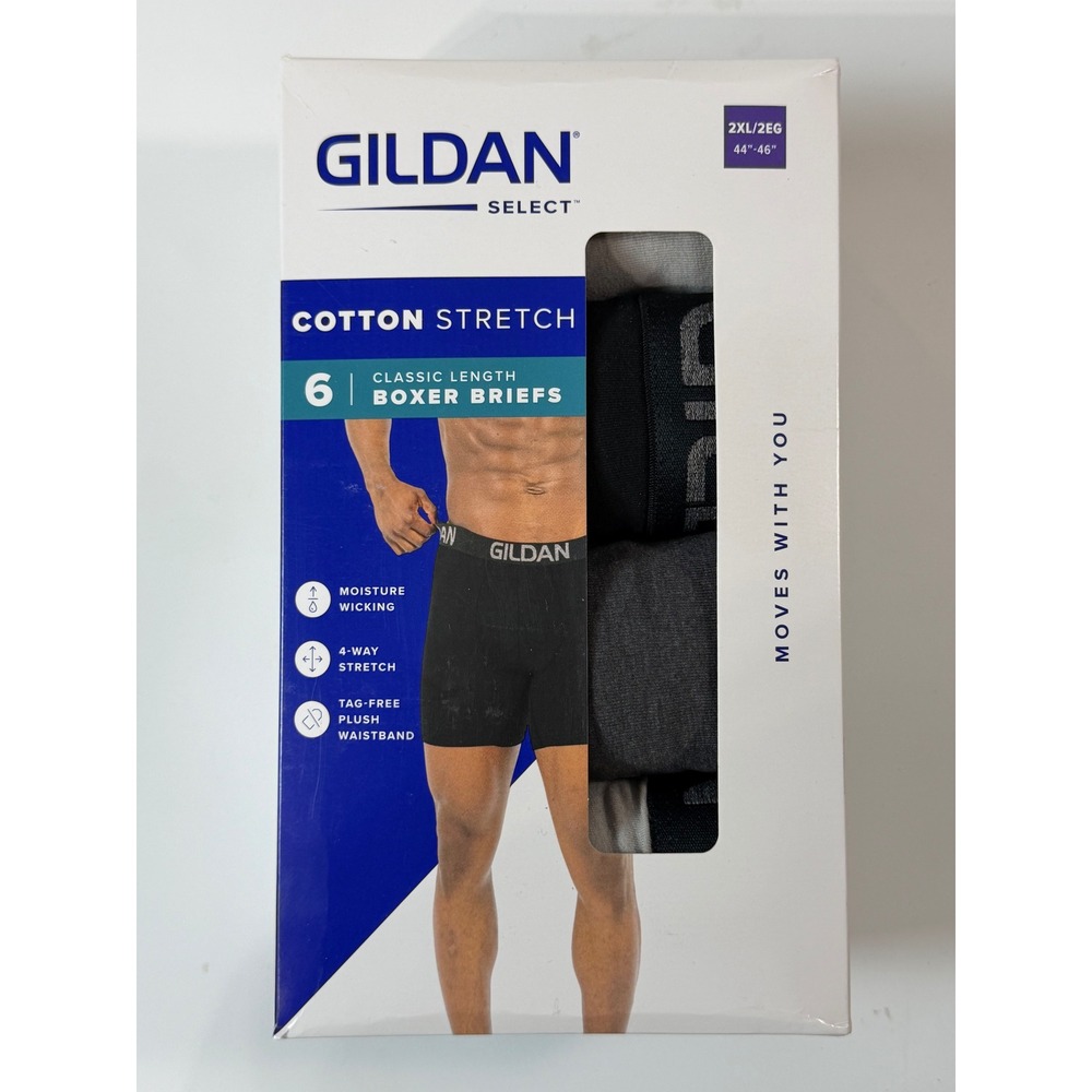 Gildan Select Boxer Briefs Mens 2XL Multicolor New Cotton Stretch 6-Pack Classic